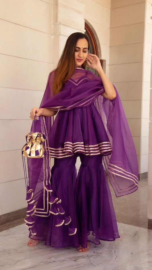Pomcha Jaipur Masakali Purple Organza Sharara Set | Swadesiicart