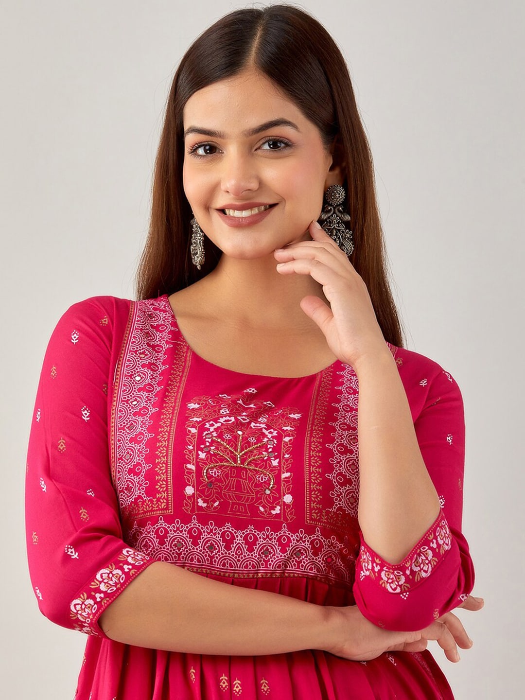 Kalini Ethnic Motifs Printed Mirror Work Kurta - Swadesiicart