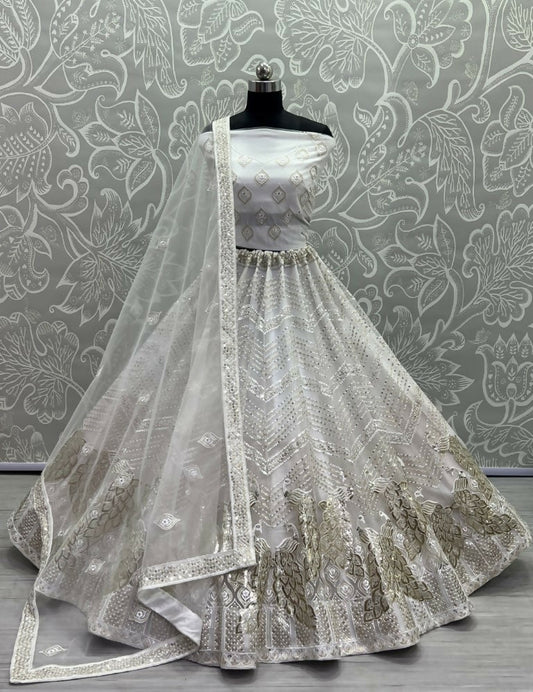 Jyoti Fashion Women's White Bridal Net Fancy Foil & Sequins with Multi Thread Embroidered Wedding Lehenga Choli | Swadesiicart