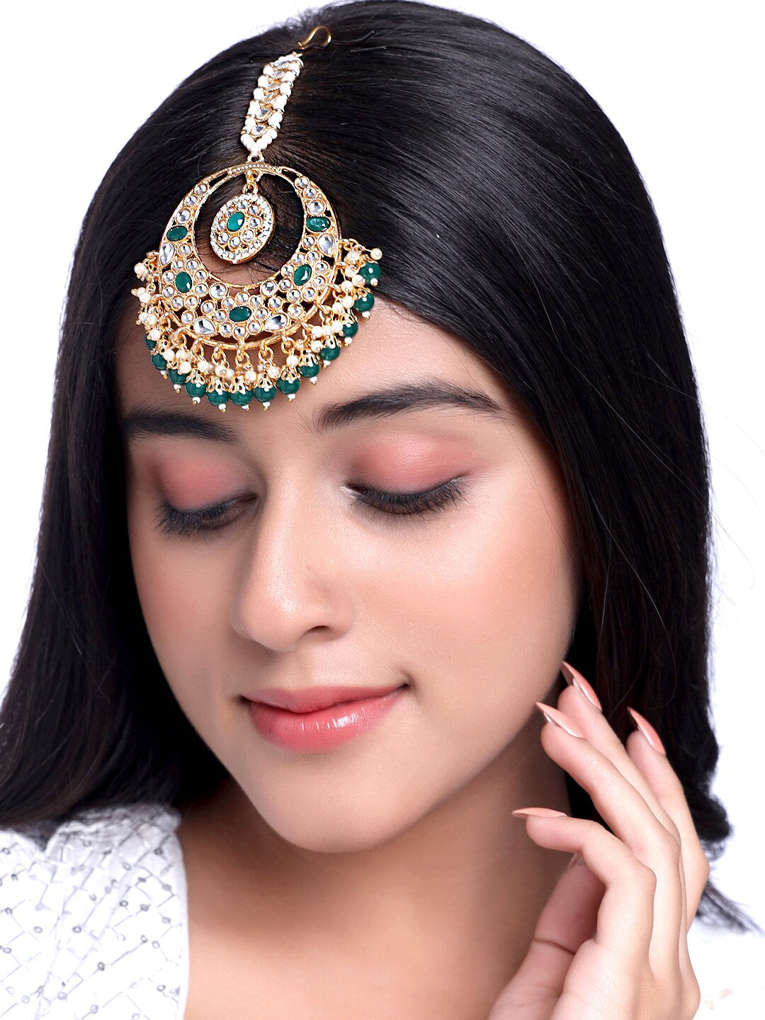 Yellow Chimes Gold-Polished White & Green Kundan-Studded & Beaded Maang Tikka | Swadesiicart