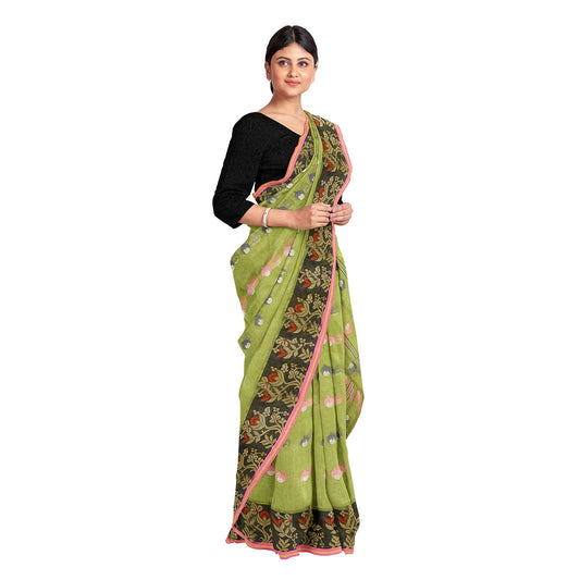 Exclusive Collection 100% Pure Cotton Olive Tant Saree With Hand Weaving Work - Swadesiicart