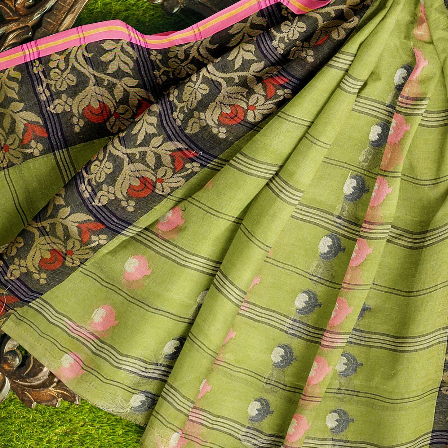 Exclusive Collection 100% Pure Cotton Olive Tant Saree With Hand Weaving Work - Swadesiicart