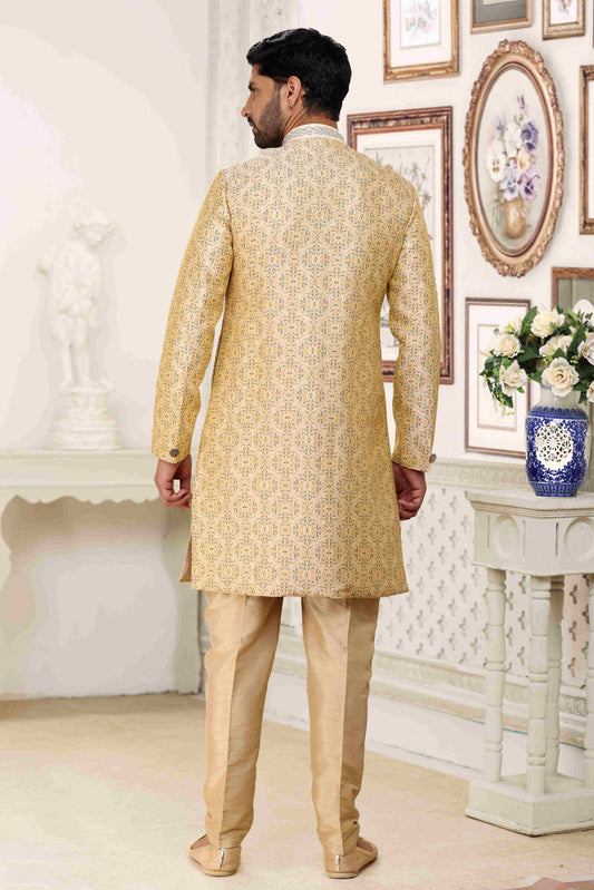 Raivat Ethnic Banarasi Jacquard Embroidery Semi Indo Western Sherwani In Cream Colour | Swadesiicart