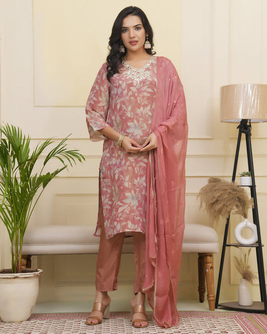 Vaasva Women Pink Tissue Shimmer Kurta With Silk Pant & Dupatta | Swadesiicart