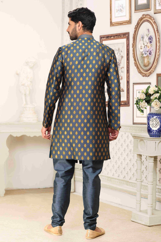 Raivat Ethnic Banarasi Jacquard Embroidery Semi Indo Western Sherwani In Grey Blue Colour | Swadesiicart