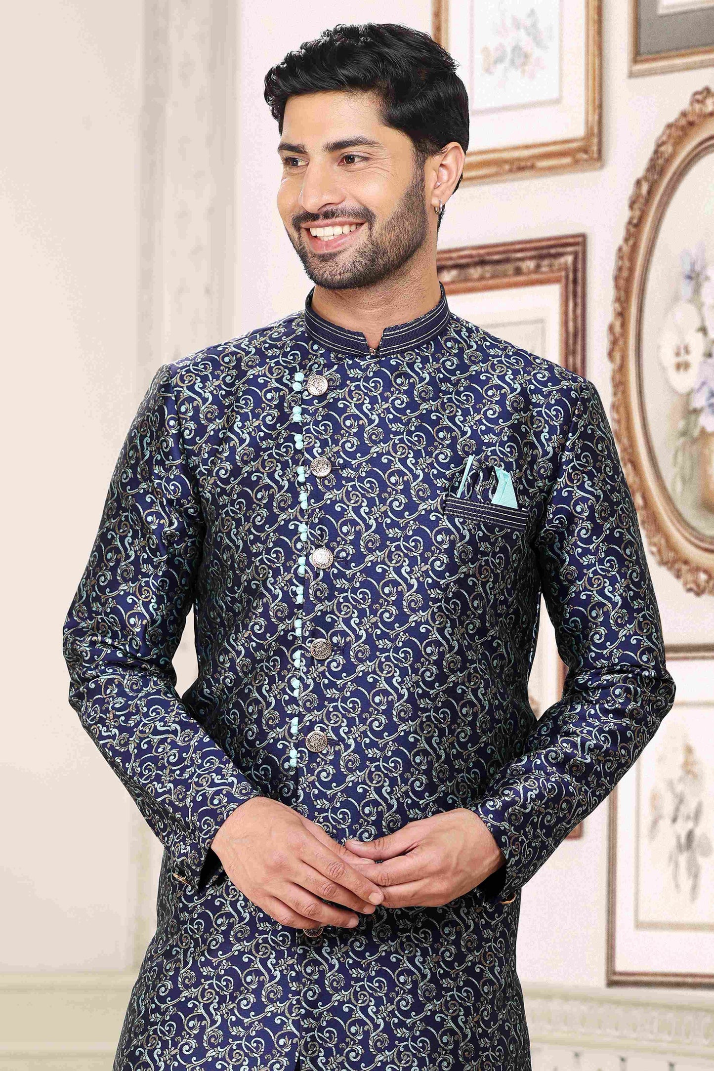 Raivat Ethnic Banarasi Jacquard Embroidery Semi Indo Western Sherwani In Blue Colour | Swadesiicart