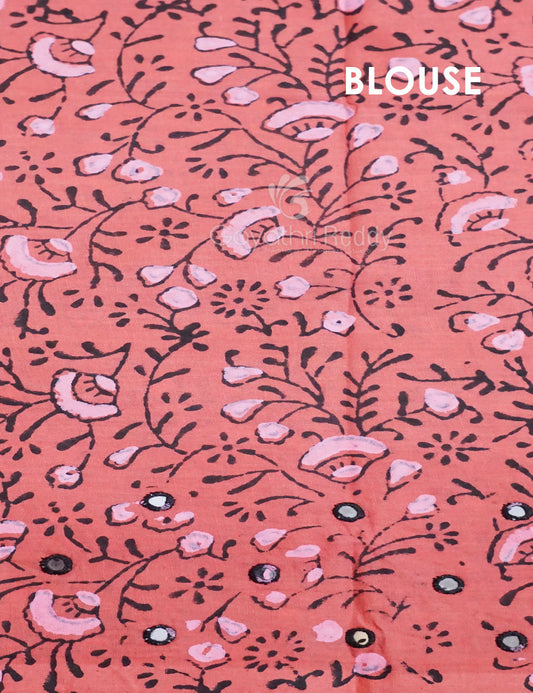 Peach Colour Block Print With Mirron Embroidered Pure Mulmul Cotton Saree By Gayathri Reddy Designer Studio | Swadesiicart
