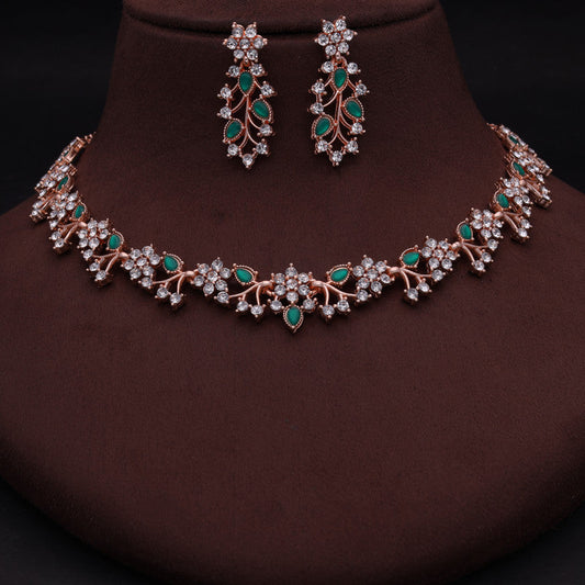 Tehzeeb Creations Rose Gold Pleated White Diamond With Green Beads Necklace Set - Swadesiicart