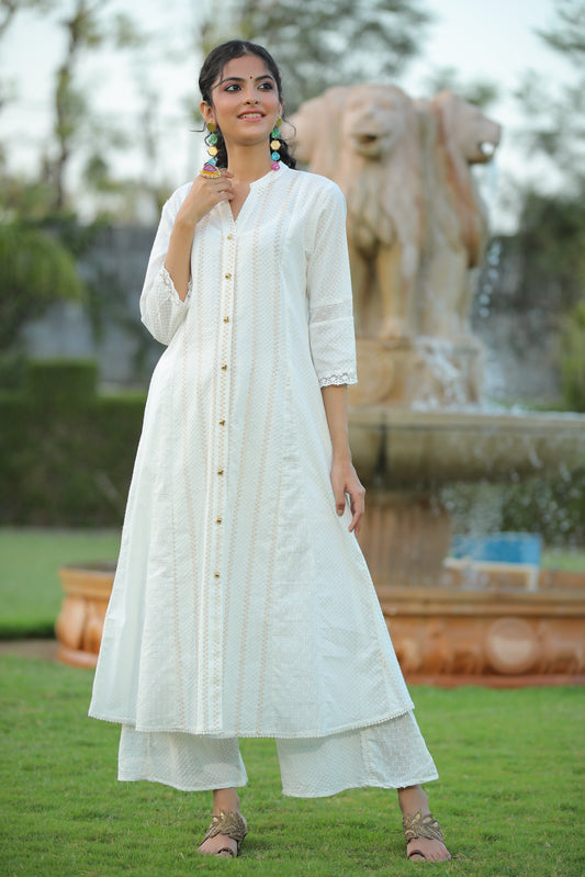 Juniper Womens White Cotton Dobby Kalidar Kurta - Swadesiicart
