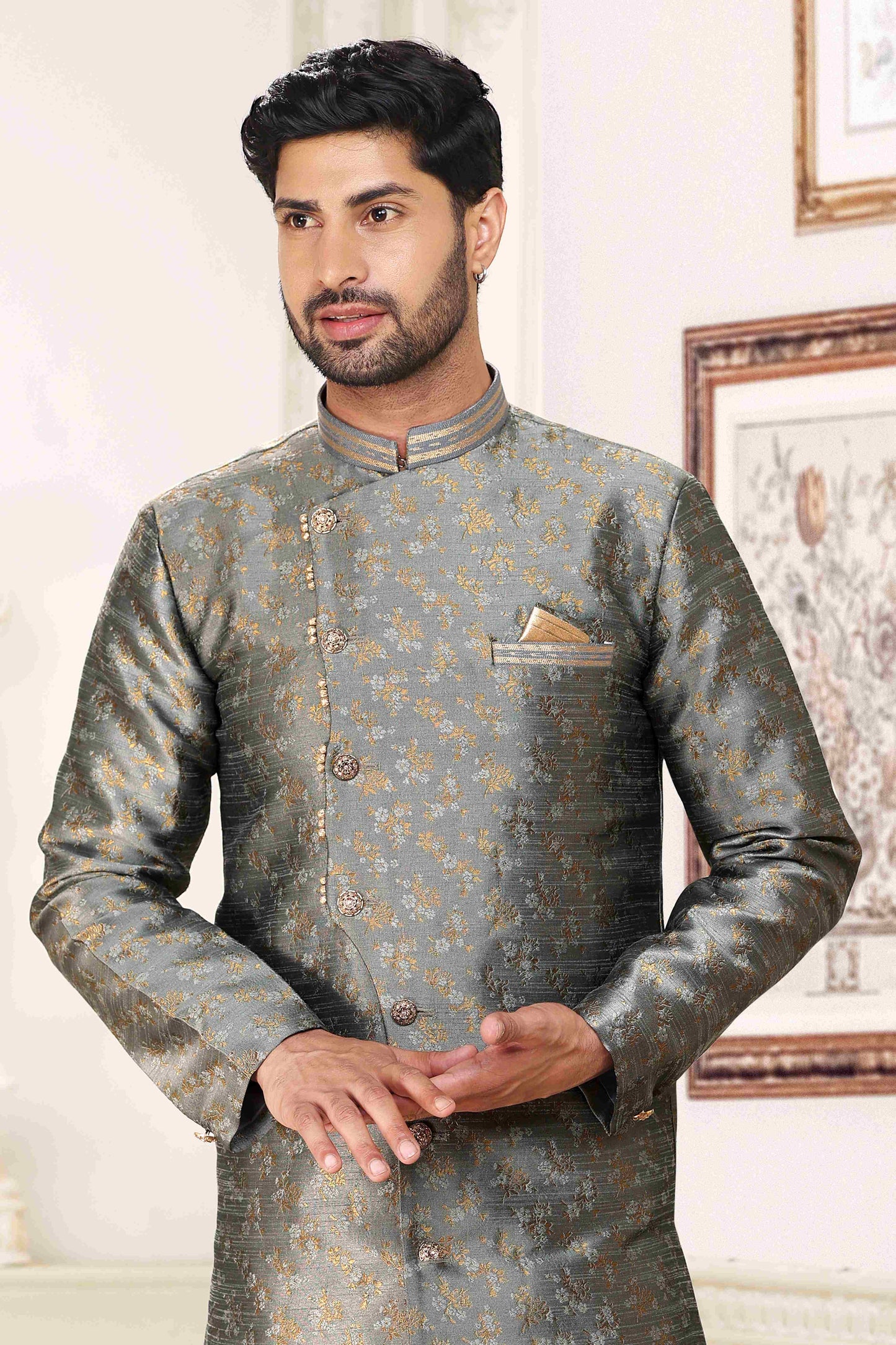 Raivat Ethnic Banarasi Jacquard Embroidery Semi Indo Western Sherwani In Grey Colour | Swadesiicart