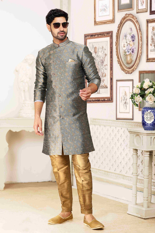 Raivat Ethnic Banarasi Jacquard Embroidery Semi Indo Western Sherwani In Grey Colour | Swadesiicart