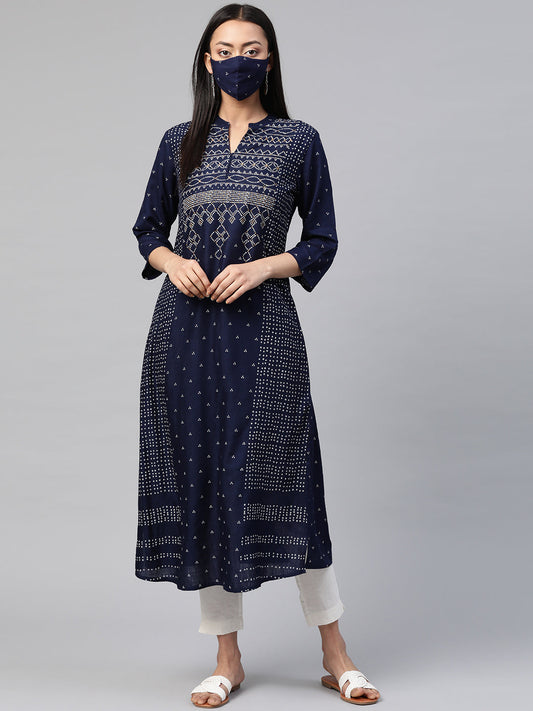 Juniper Womens Indigo Rayon Slub Placement Printed A Line Kurta - Swadesiicart