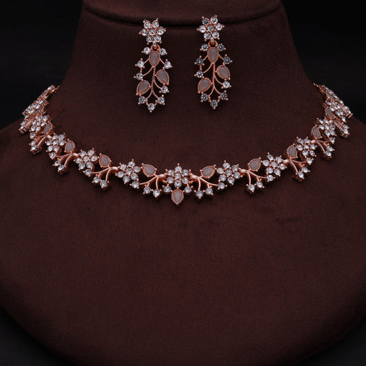 Tehzeeb Creations Rose Gold Pleated White Diamond With Gray Beads Necklace Set - Swadesiicart