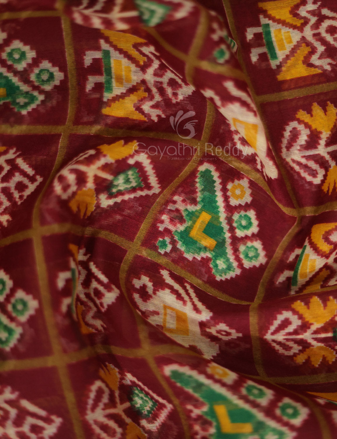 Shades of Maroon And Parrot Green Blouse Patola Print Semi Chanderi Saree By Gayathri Reddy Designer Studio | Swadesiicart