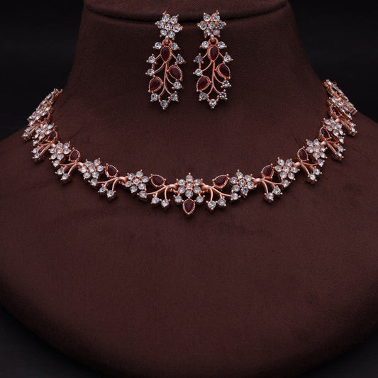 Tehzeeb Creations Rose Gold Pleated White Diamond With Maroon Beads Necklace Set - Swadesiicart