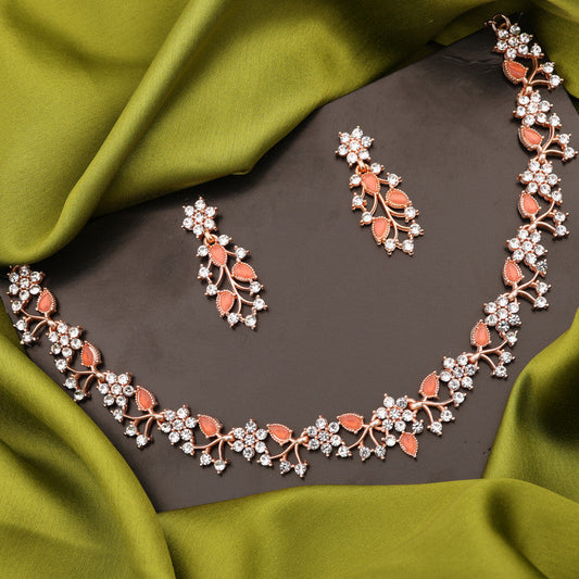 Tehzeeb Creations Rose Gold Pleated White Diamond With Orange Beads Necklace Set - Swadesiicart