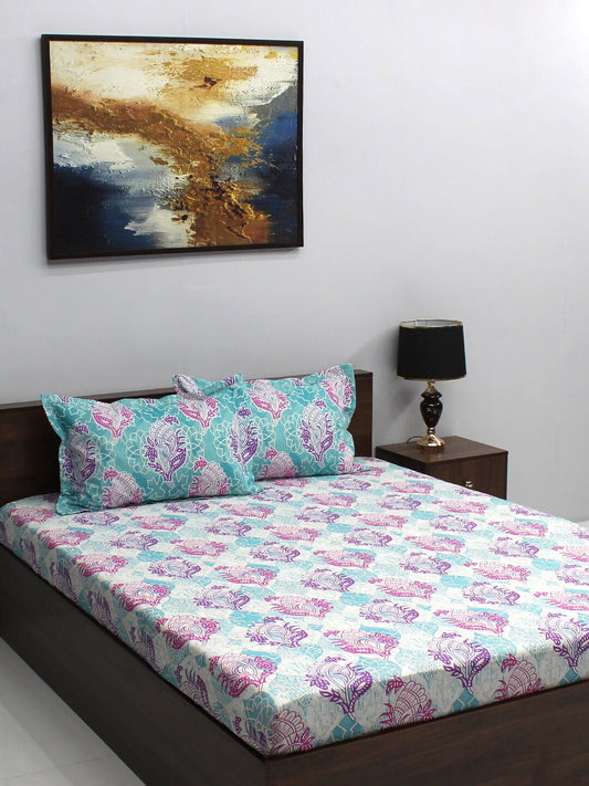 BOMBAY DYEING Pink & Blue Ethnic Motifs Cotton 110 TC Queen Bedsheet With 2 Pillow Covers - Swadesiicart