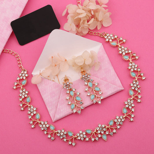 Tehzeeb Creations Rose Gold Pleated White Diamond With Sky Blue Beads Necklace Set - Swadesiicart