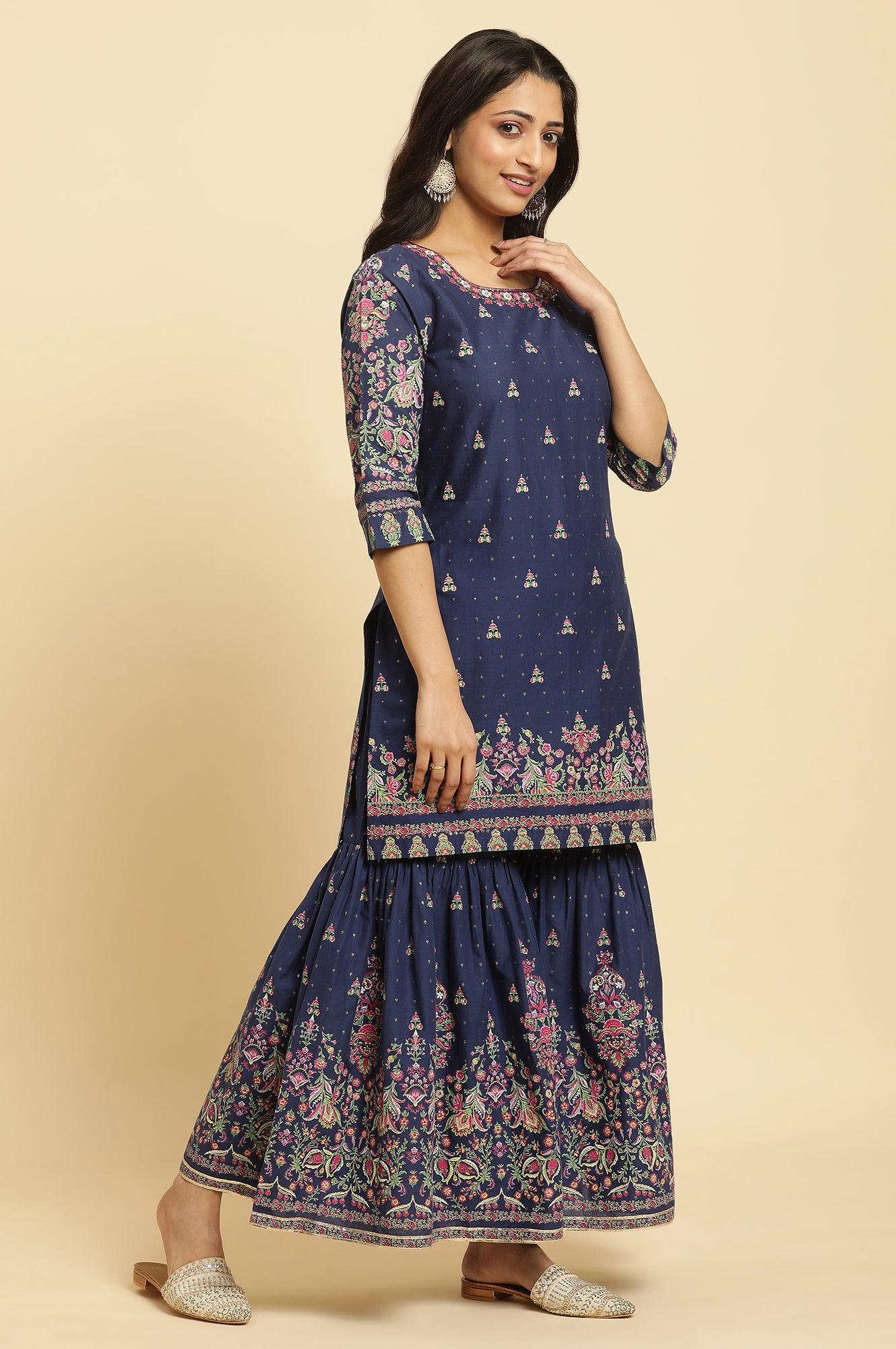 W for Woman Blue Floral Printed Kurta, Sharara And Dupatta Set