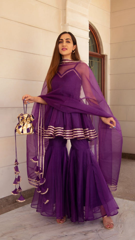 Pomcha Jaipur Masakali Purple Organza Sharara Set | Swadesiicart
