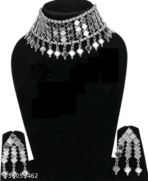 Tehzeeb Creations Women's Silver Colour Oxidised Necklace Set With Mirror Design - Swadesiicart