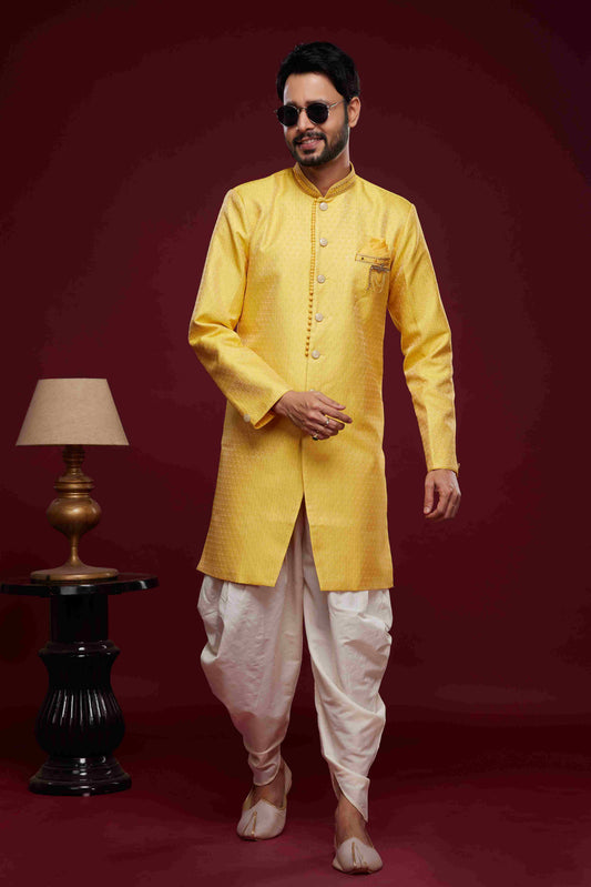 Raivat Ethnic Banarasi Jacquard Embroidery Semi Indo Western Sherwani In Yellow Colour | Swadesiicart