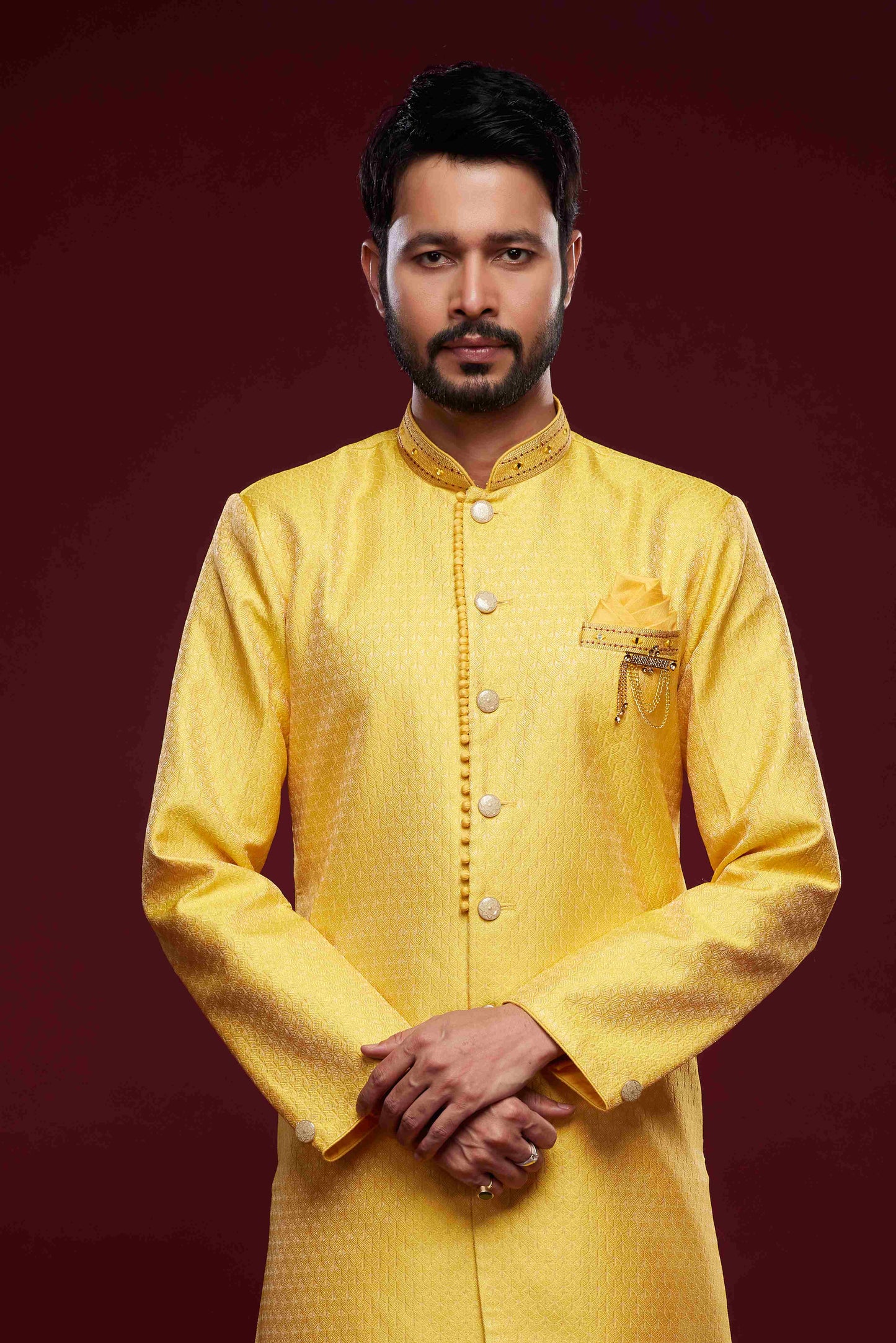 Raivat Ethnic Banarasi Jacquard Embroidery Semi Indo Western Sherwani In Yellow Colour | Swadesiicart