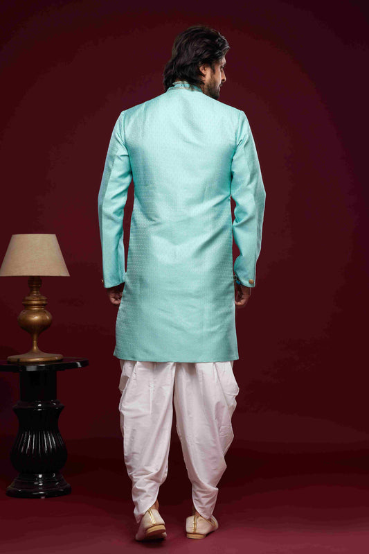 Raivat Ethnic Banarasi Jacquard Embroidery Semi Indo Western Sherwani In Sky Blue Colour | Swadesiicart