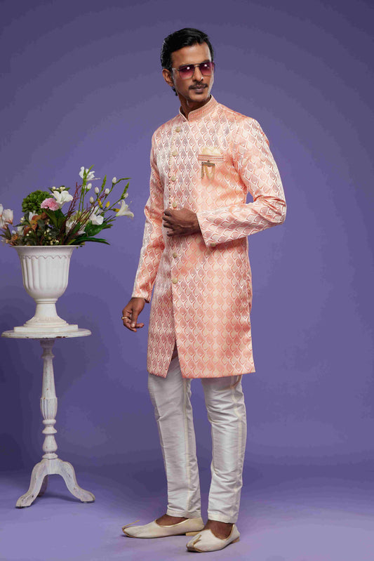 Raivat Ethnic Banarasi Jacquard Embroidery Semi Indo Western Sherwani In Pink Colour | Swadesiicart