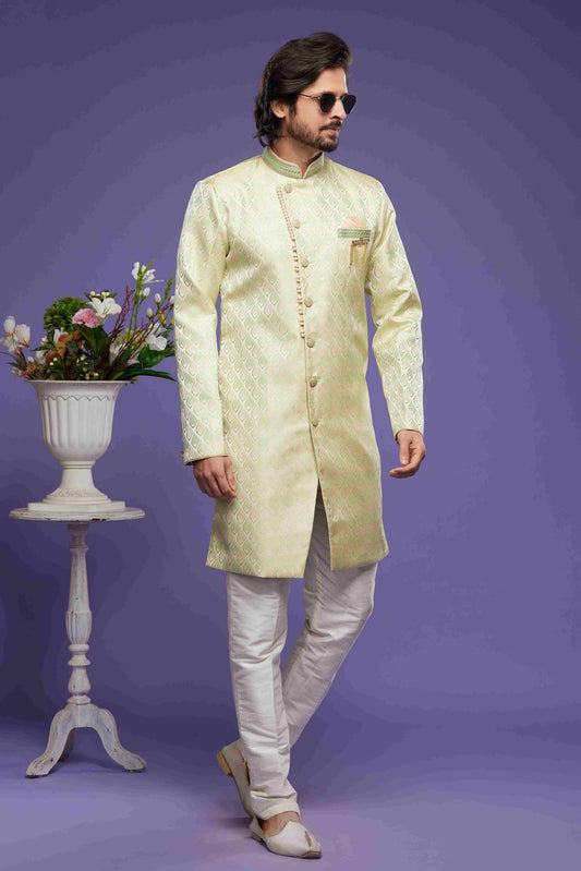 Raivat Ethnic Banarasi Jacquard Embroidery Semi Indo Western Sherwani In Pista Green Colour | Swadesiicart