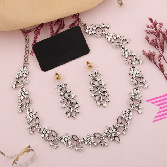 Tehzeeb Creations Silver Pleated White Diamond With Baby Pink Beads Necklace Set - Swadesiicart