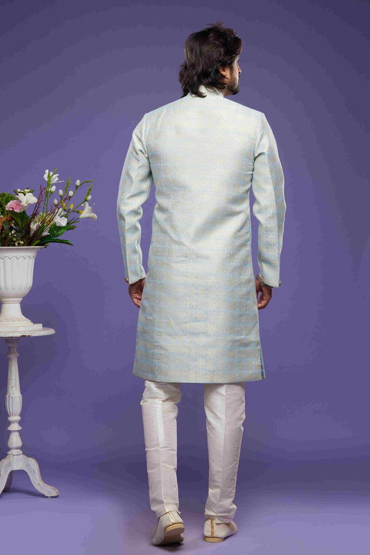 Raivat Ethnic Banarasi Jacquard Embroidery Semi Indo Western Sherwani In Sky Blue Colour | Swadesiicart