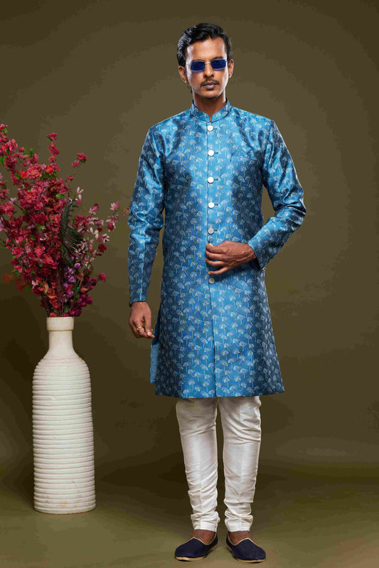 Raivat Ethnic Banarasi Jacquard Embroidery Semi Indo Western Sherwani In Blue Colour | Swadesiicart