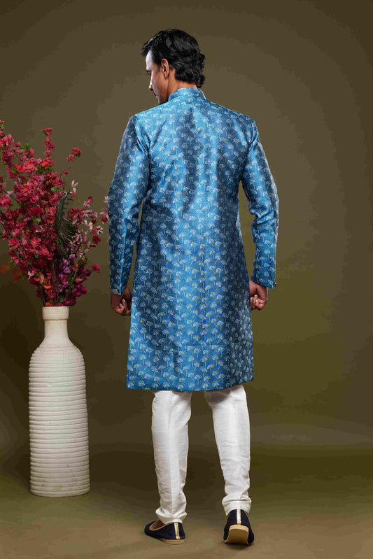 Raivat Ethnic Banarasi Jacquard Embroidery Semi Indo Western Sherwani In Blue Colour | Swadesiicart