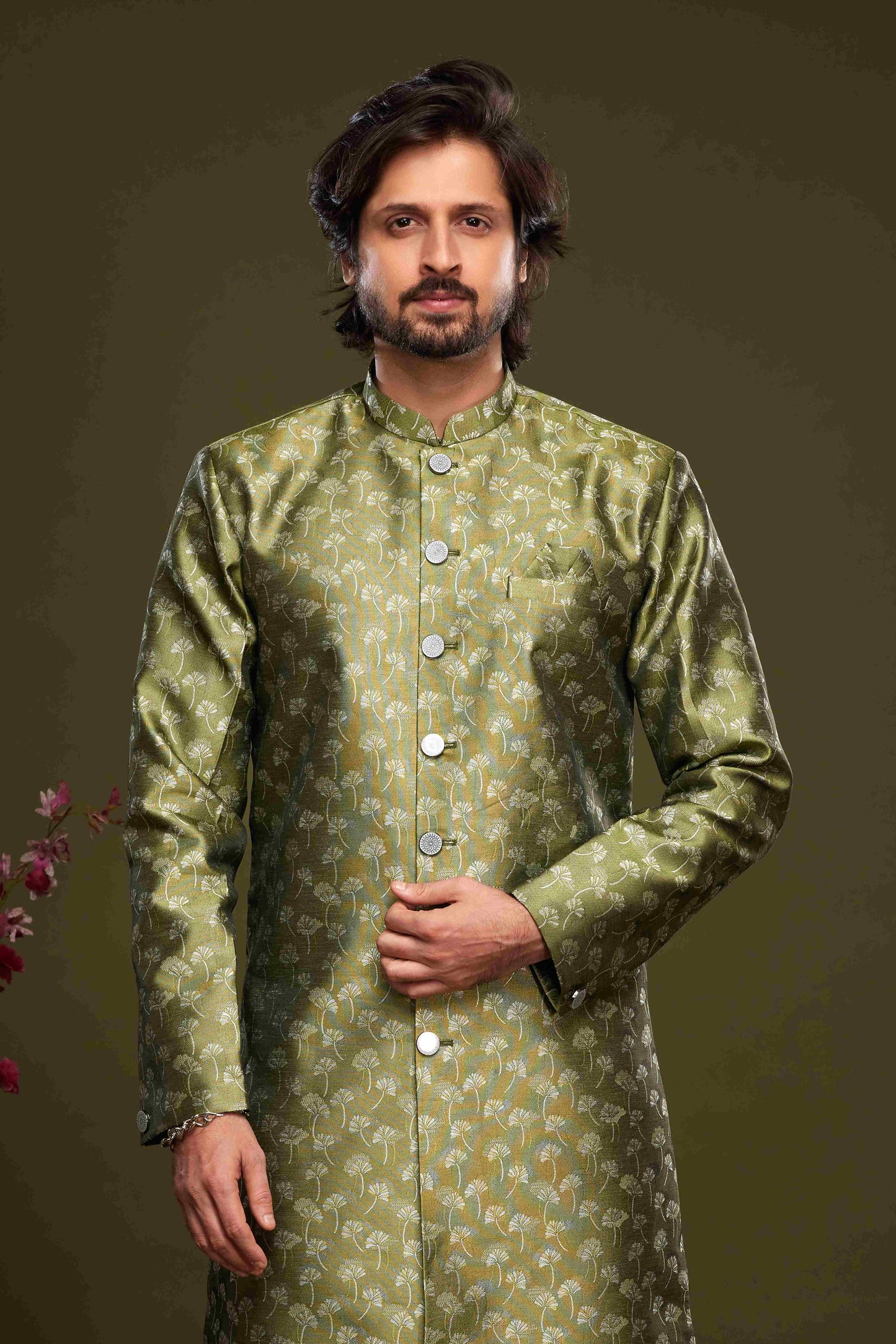 Raivat Ethnic Banarasi Jacquard Embroidery Semi Indo Western Sherwani In Green Colour | Swadesiicart