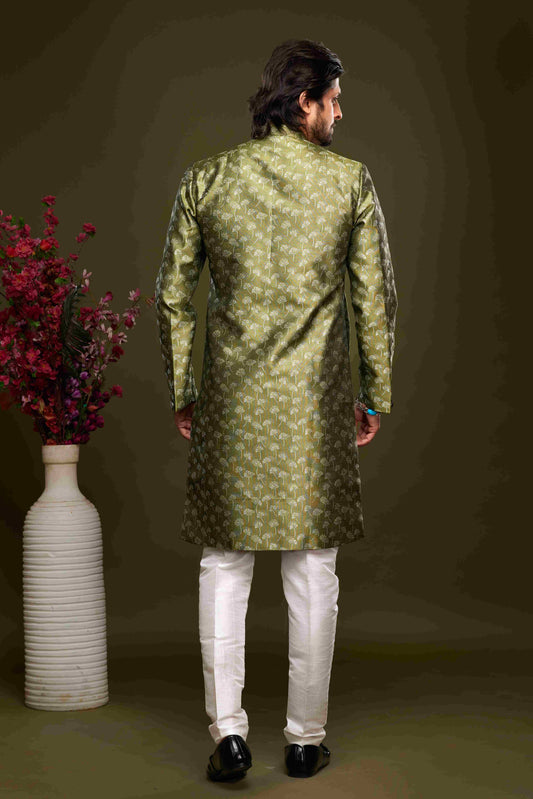 Raivat Ethnic Banarasi Jacquard Embroidery Semi Indo Western Sherwani In Green Colour | Swadesiicart