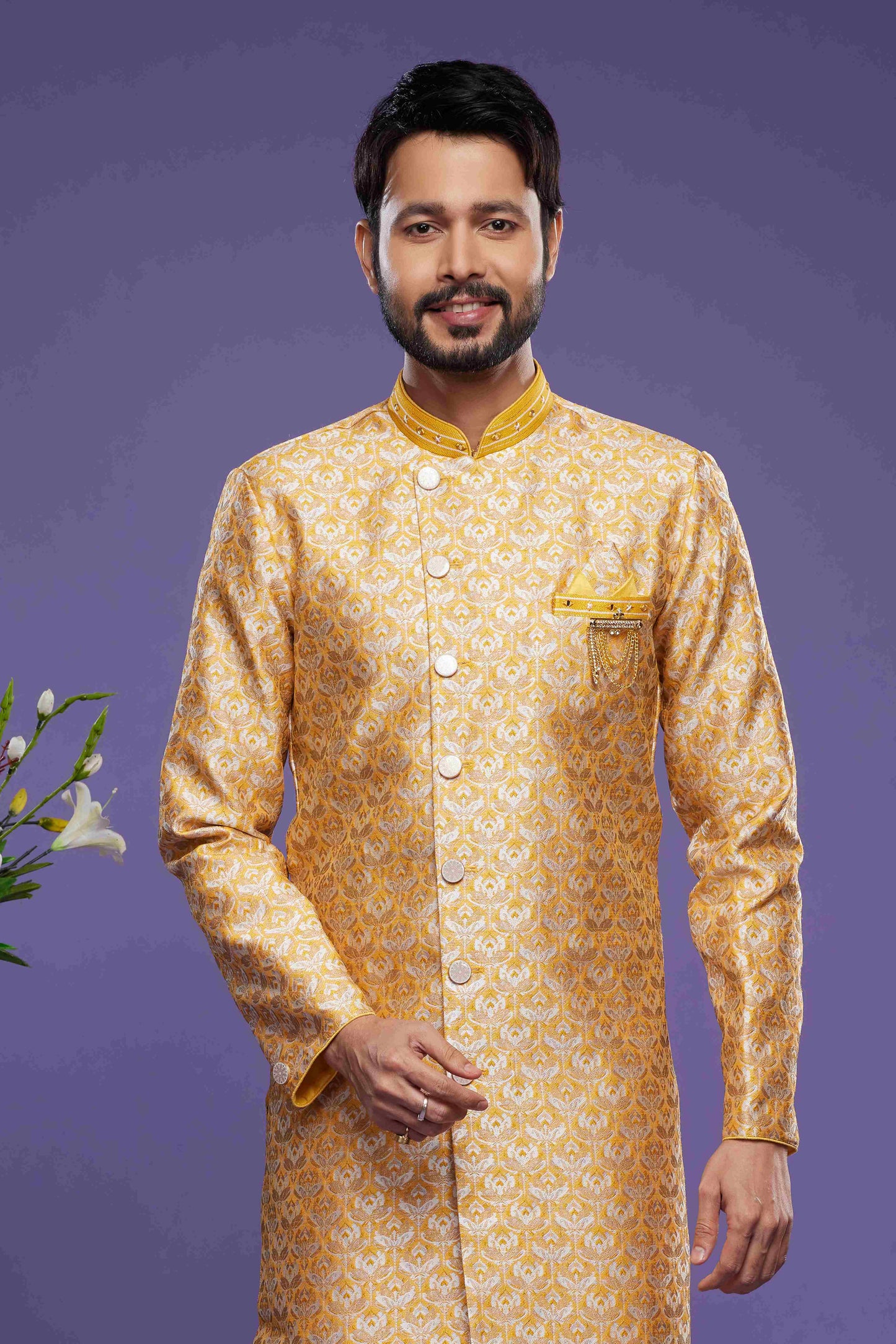 Raivat Ethnic Banarasi Jacquard Embroidery Semi Indo Western Sherwani In Yellow Colour | Swadesiicart