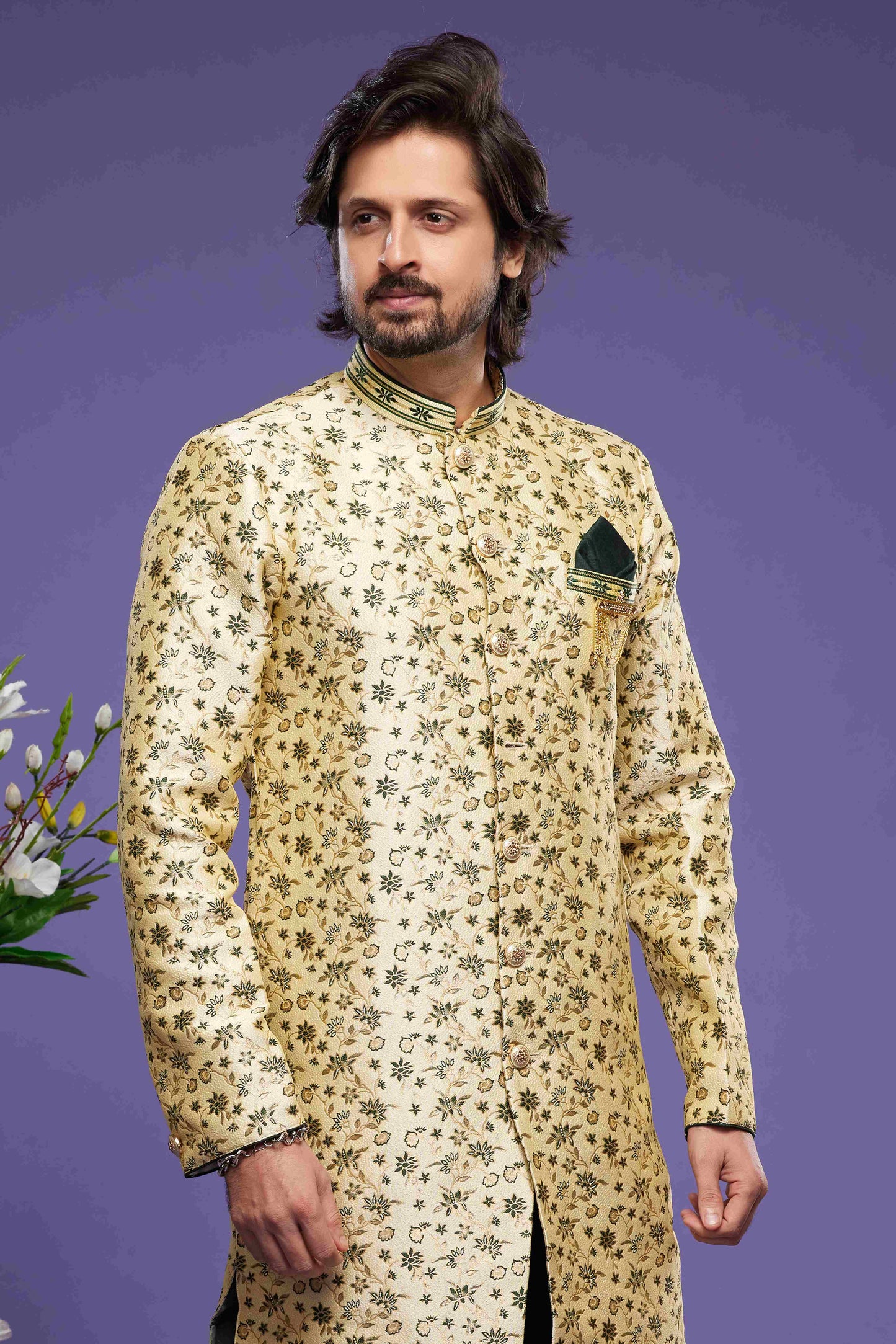 Raivat Ethnic Banarasi Jacquard Embroidery Semi Indo Western Sherwani In Gold Colour | Swadesiicart