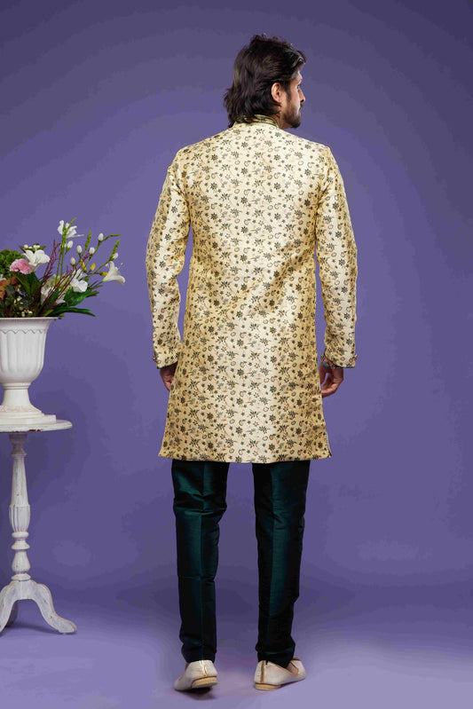 Raivat Ethnic Banarasi Jacquard Embroidery Semi Indo Western Sherwani In Gold Colour | Swadesiicart