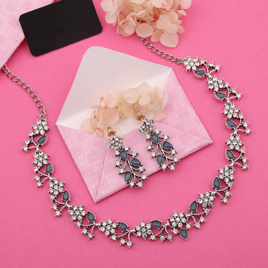 Tehzeeb Creations Silver Pleated White Diamond With Baby Blue Beads Necklace Set - Swadesiicart