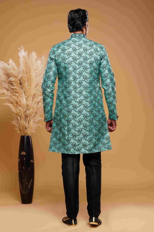 Raivat Ethnic Banarasi Jacquard Embroidery Semi Indo Western Sherwani In Green Colour | Swadesiicart