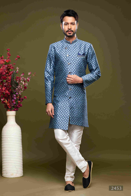 Raivat Ethnic Banarasi Jacquard Embroidery Semi Indo Western Sherwani In Blue Colour | Swadesiicart