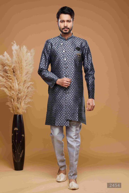 Raivat Ethnic Banarasi Jacquard Embroidery Semi Indo Western Sherwani In Blue Colour | Swadesiicart