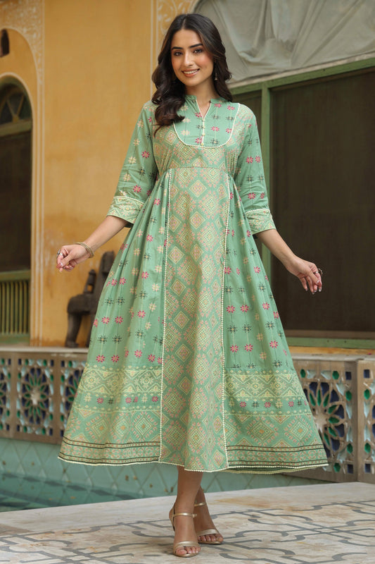 Juniper Women Pistagreen Cambric Printed Flared Dress | Swadesiicart