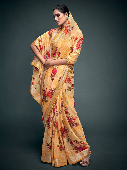 Saree Mall Yellow & Gold-Toned Floral Pure Georgette Banarasi Saree | Swadesiicart