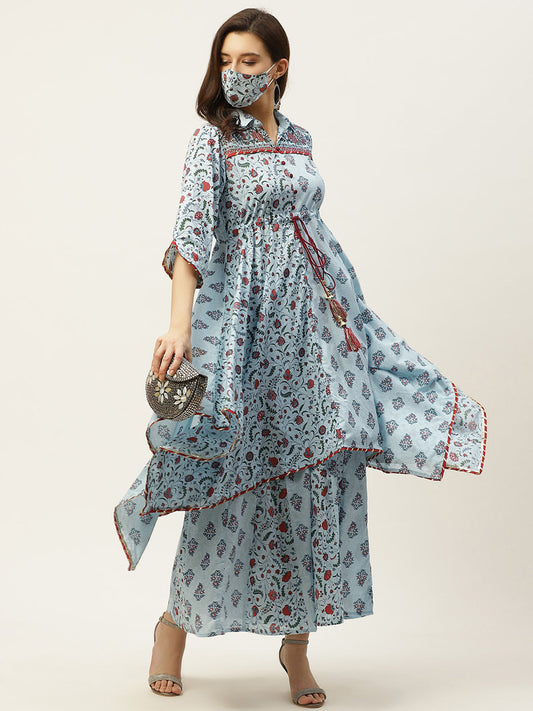 Juniper Women Blue Cambric Printed Asymmetric Clothing Set | Swadesiicart
