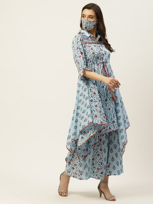 Juniper Women Blue Cambric Printed Asymmetric Clothing Set | Swadesiicart