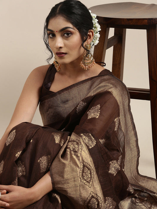 Saree Mall Brown Ethnic Motifs Linen Blend Banarasi Saree | Swadesiicart