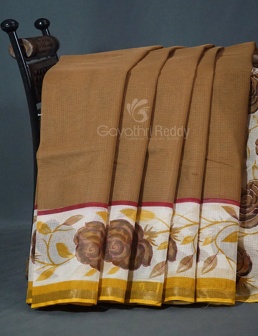 Khaki Green Colour Block Print Pure Kota Cotton Saree By Gayathri Reddy Designer Studio | Swadesiicart
