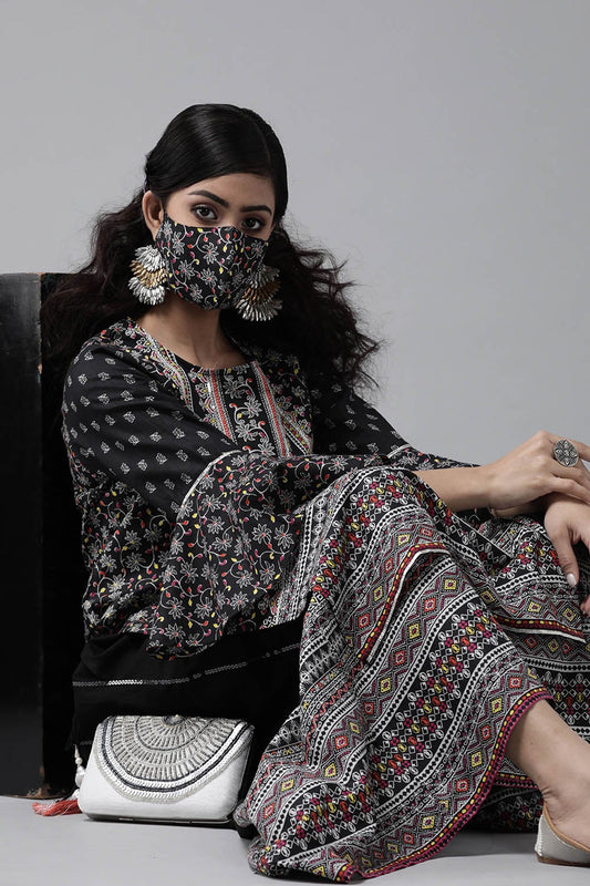 Juniper Women's Black Cambric Printed High-Low Kurta Sets | Swadesiicart